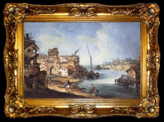 framed  MARIESCHI, Michele Buildings and Figures Near a River with Shipping, ta009-2